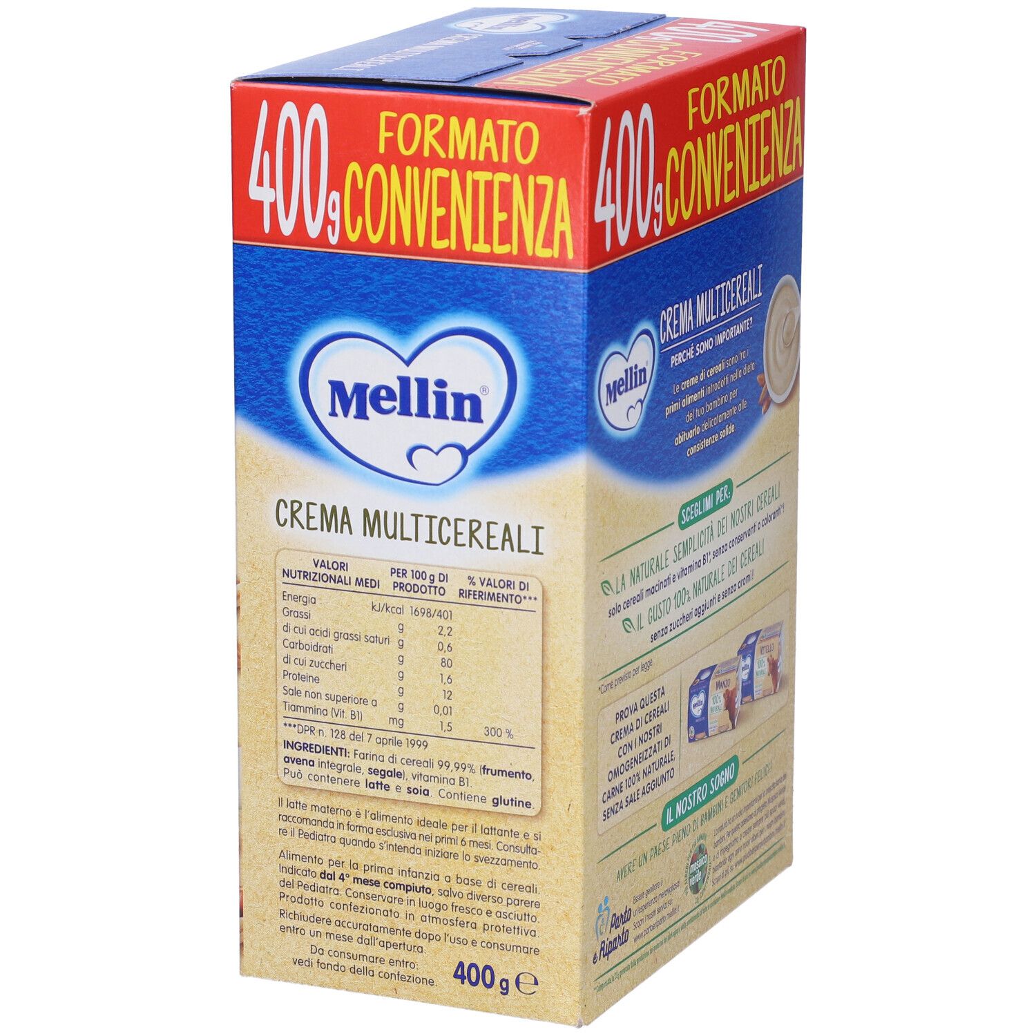 Lato della confezione Mellin Crema Multicereali. Scatola blu con informazioni nutrizionali e lista ingredienti. Testo in italiano.