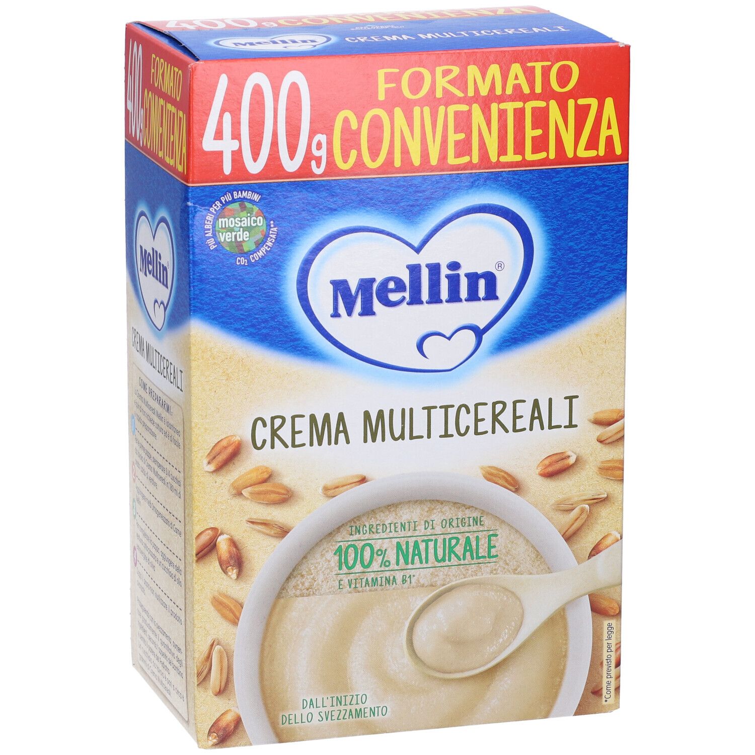 Fronte della confezione Mellin Crema Multicereali. Scatola blu e rossa con nome del prodotto e 400g. Immagine di cereali e crema.