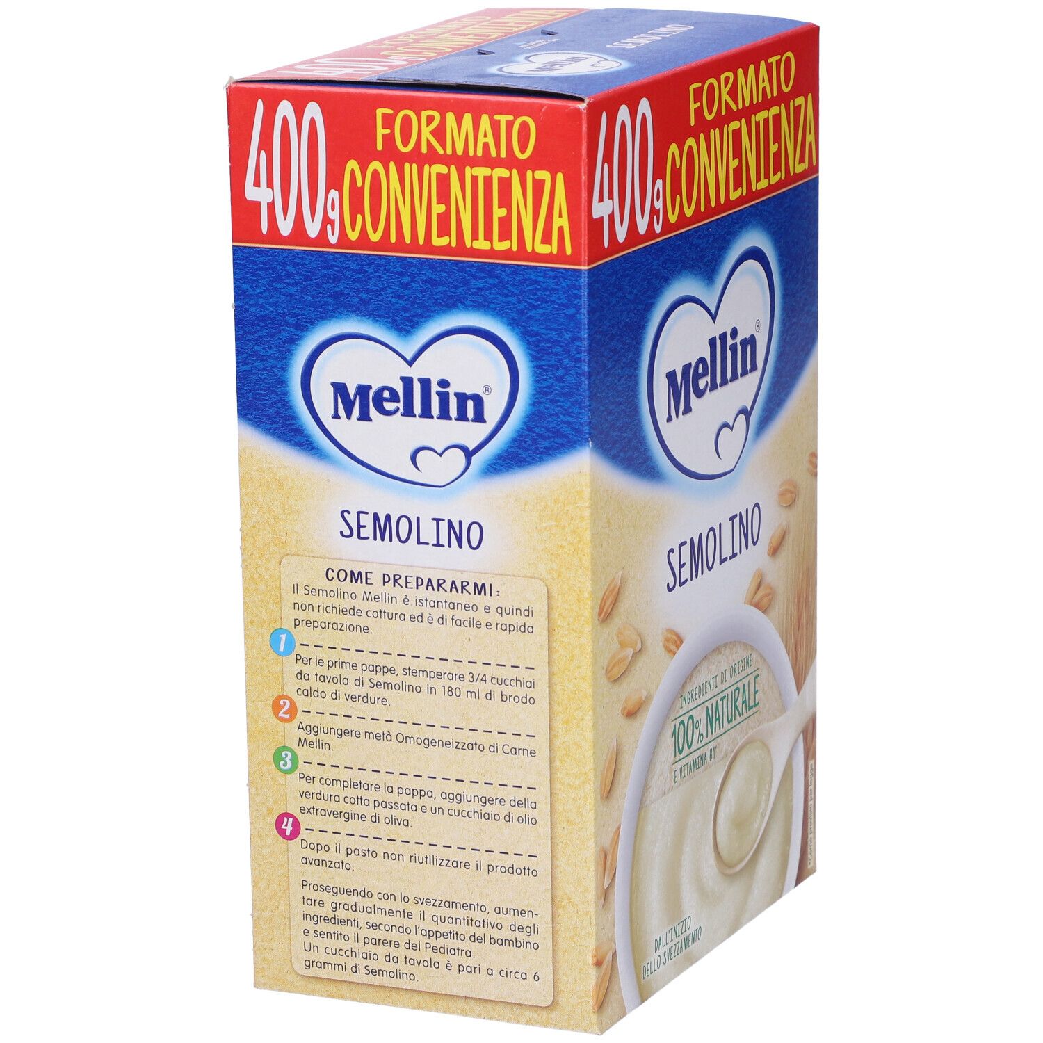 Vista laterale della confezione di Semolino Mellin. Imballaggio blu e rosso con informazioni e logo. Indicazione 400g.