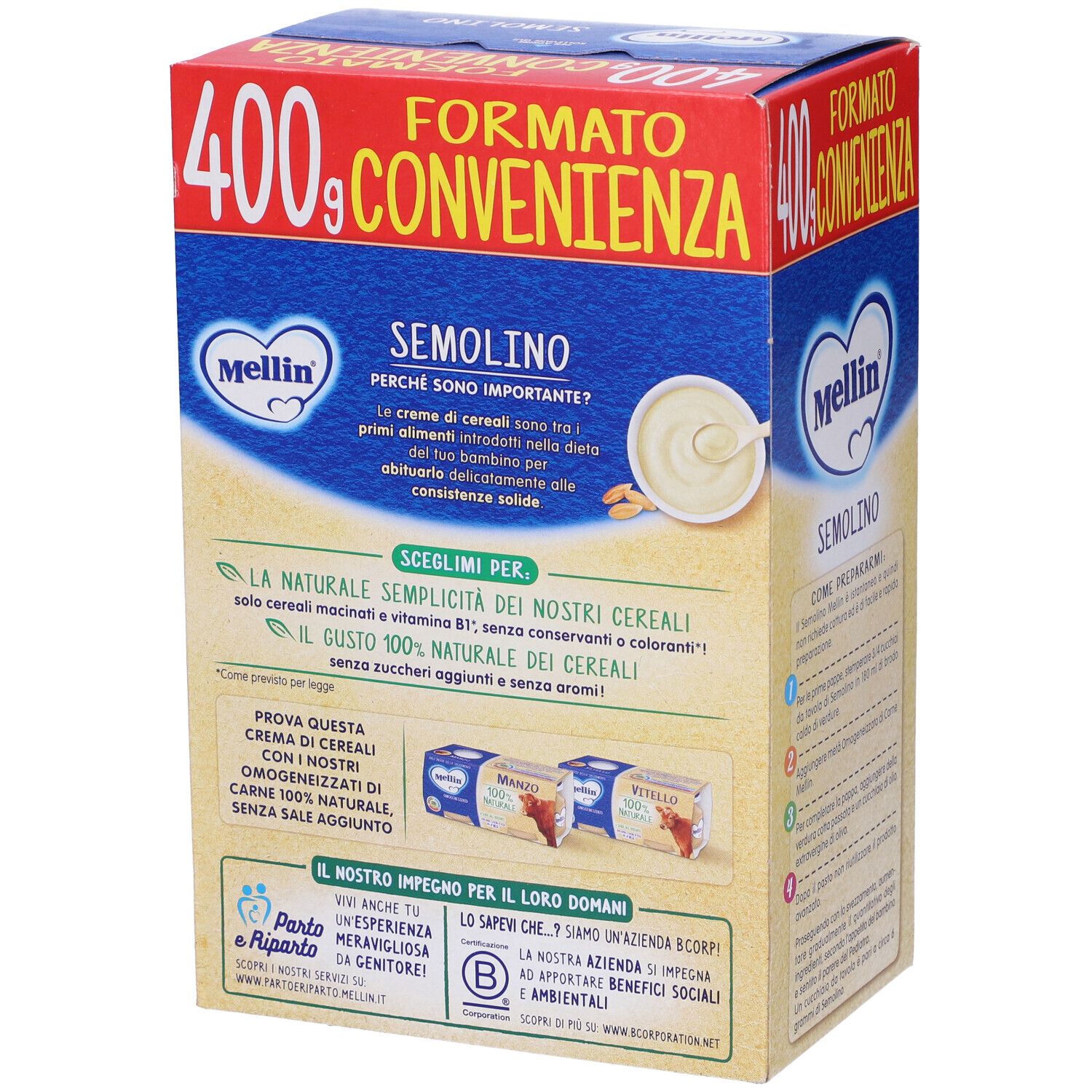 Retro della confezione di Semolino Mellin. Imballaggio blu e rosso con informazioni e logo. Indicazione 400g.