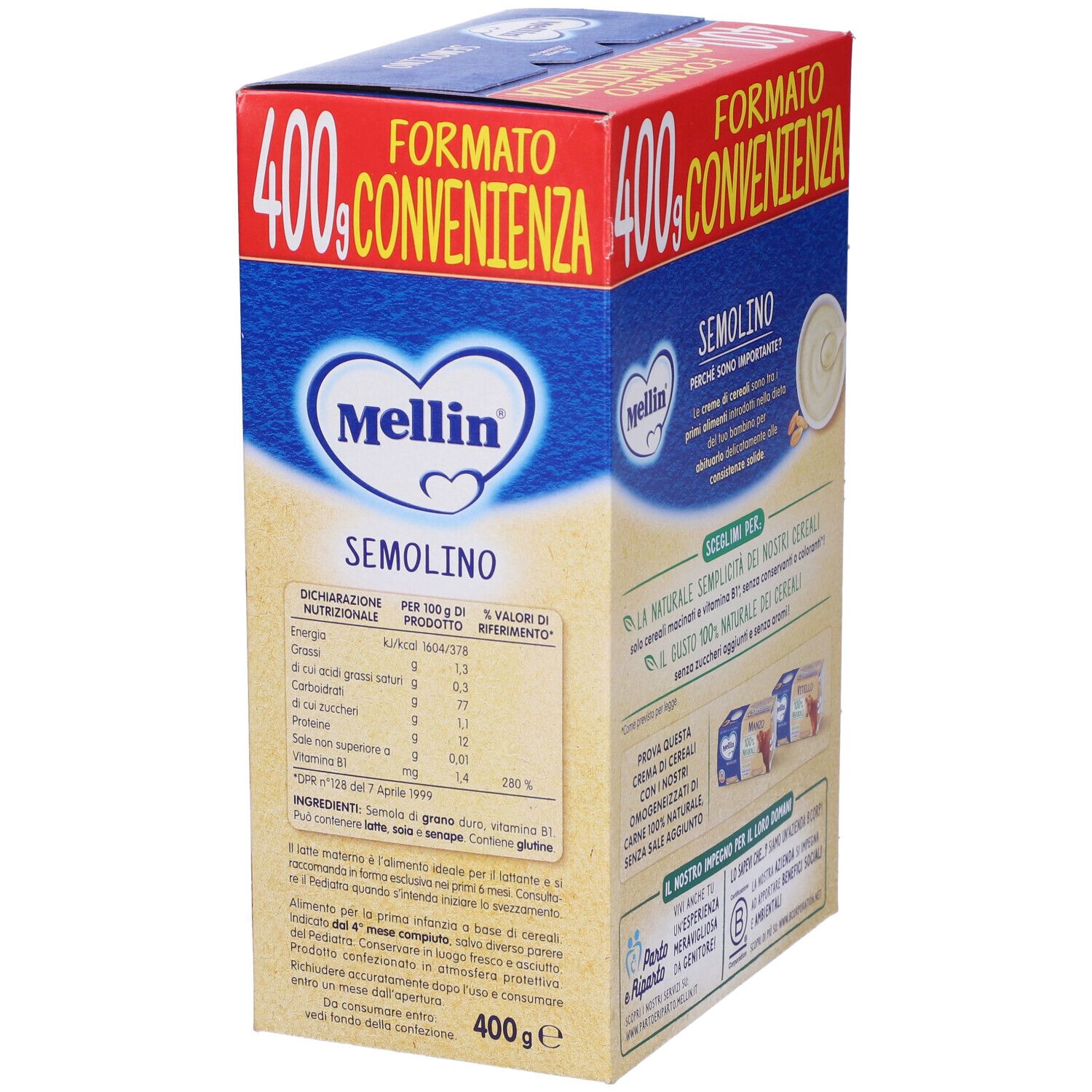 Primo piano della confezione di Semolino Mellin. Imballaggio blu e rosso con informazioni nutrizionali e logo. 400g.