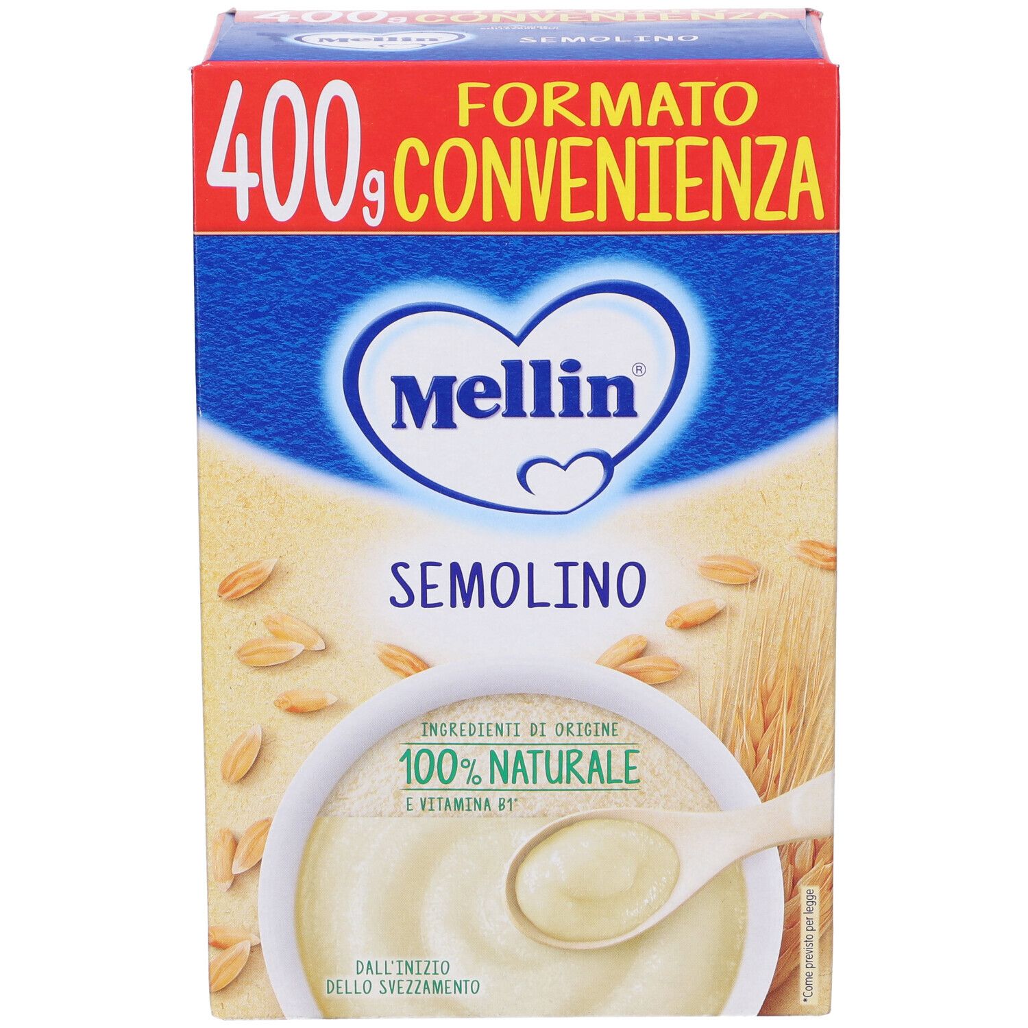Confezione di Semolino Mellin. Imballaggio blu e rosso con nome e logo del prodotto. Indicazione 400g. Vista frontale.