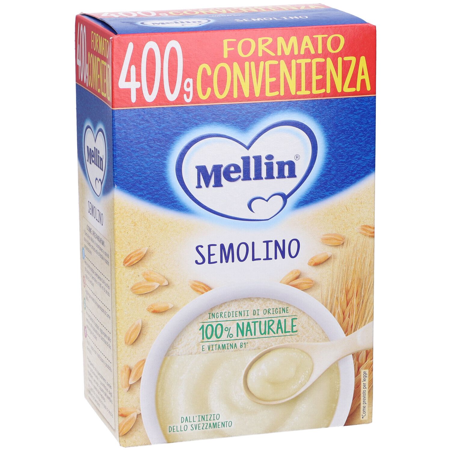 Confezione di Semolino Mellin. Imballaggio blu e rosso con nome e logo del prodotto. Indicazione 400g. Vista frontale.