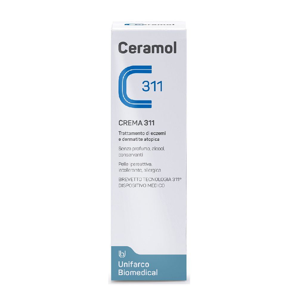 Scatola bianca Ceramol 311. Accenti blu e logo. Testo: Crema 311, trattamento di eczemi e dermatite atopica.