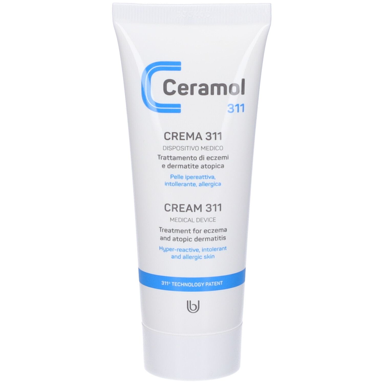 Tubo bianco di crema Ceramol 311. Logo e accenti blu. Testo: Crema 311, trattamento di eczemi e dermatite atopica. Dispositivo medico.