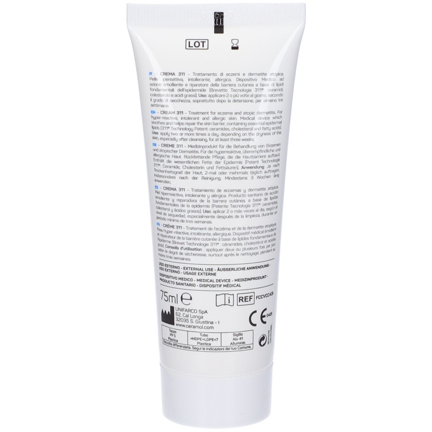 Retro del tubo bianco di crema Ceramol 311. Testo multilingue. Informazioni sull'uso e ingredienti. Marchio CE.