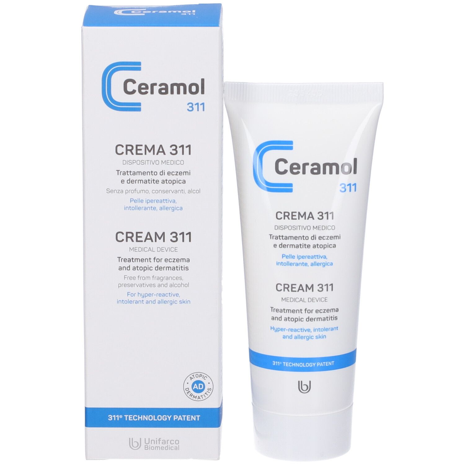 Crema Ceramol 311 e scatola. Tubo e scatola bianchi con logo e testo blu. Dispositivo medico.