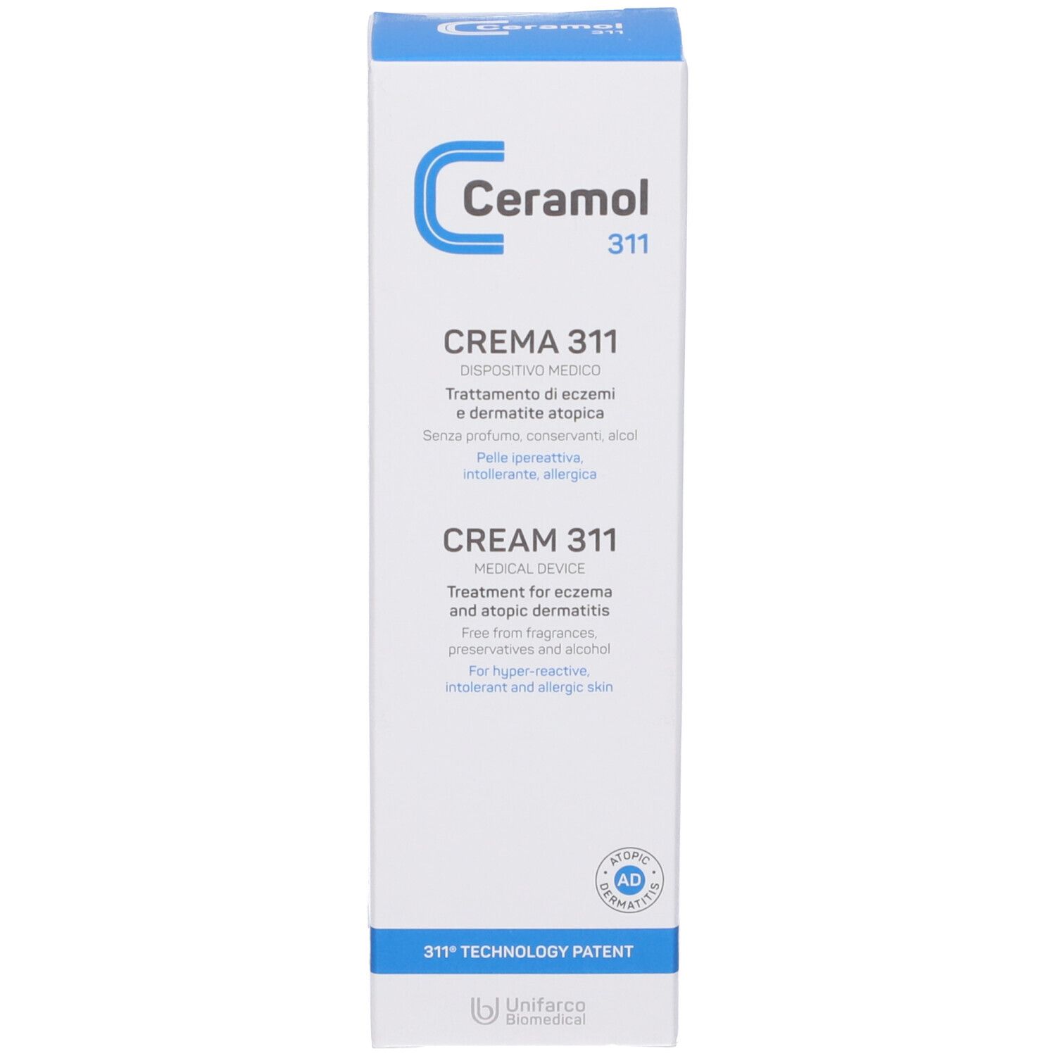 Scatola bianca Ceramol 311. Logo e testo blu. Testo: Crema 311, trattamento di eczemi e dermatite atopica. Dispositivo medico.