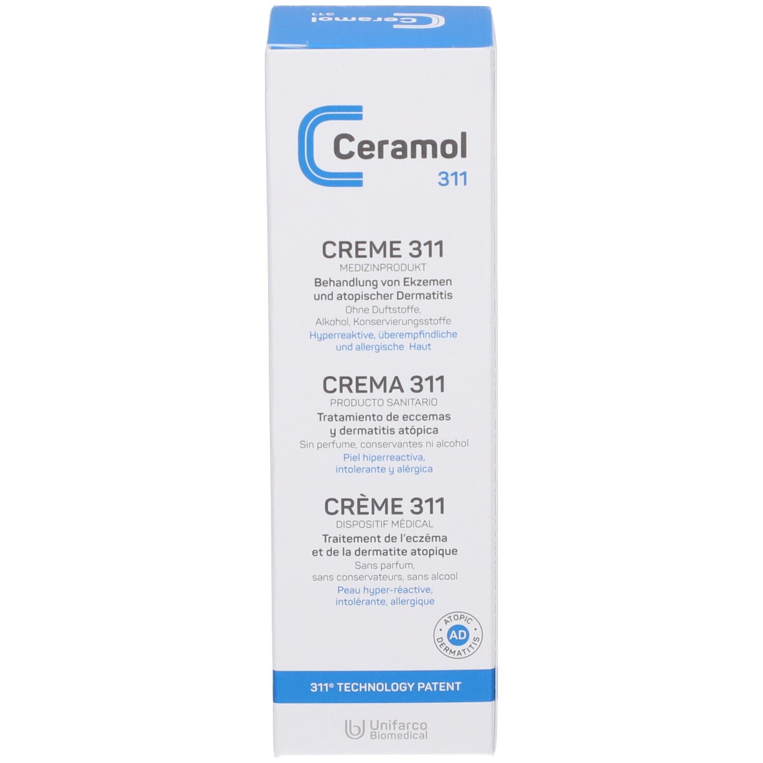 Scatola bianca Ceramol 311. Logo e testo blu. Testo: Crema 311, trattamento di eczemi e dermatite atopica. Dispositivo medico.