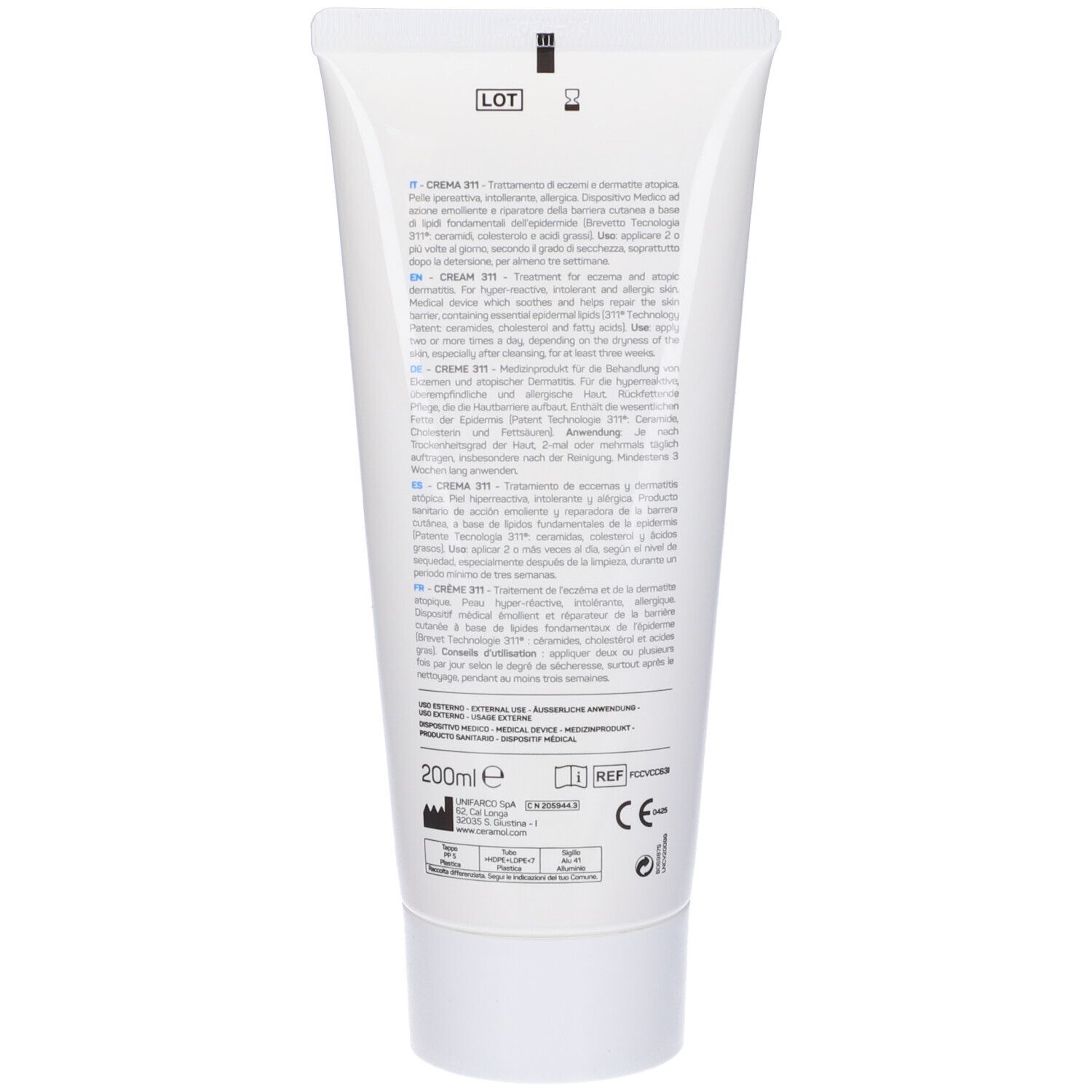 Retro del tubo bianco. Testo multilingue. Volume: 200 ml. Dispositivo medico. Marchio CE.