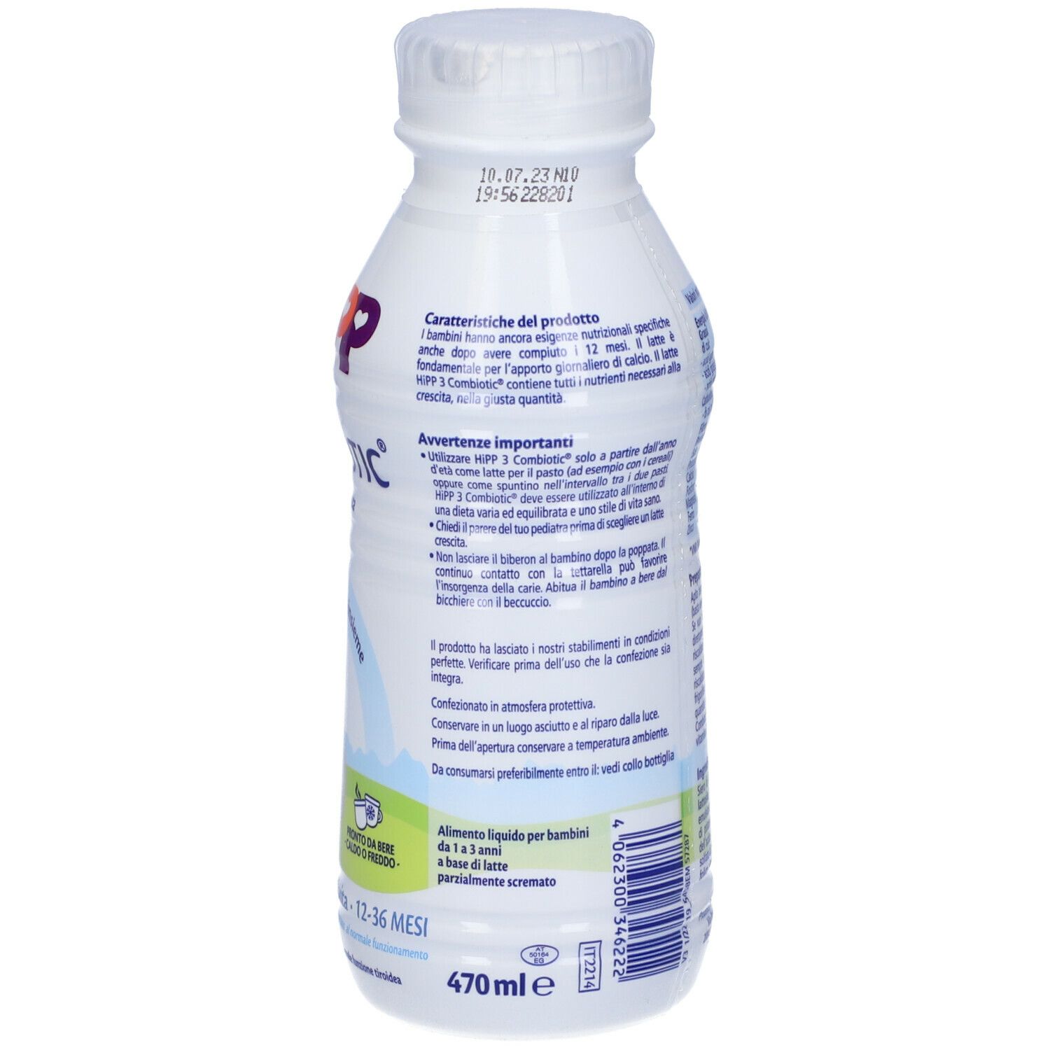 Retro della bottiglia con informazioni. Scritta: HIPP Combiotic. Età: 12-36 mesi. Volume: 470ml. Bottiglia di plastica.