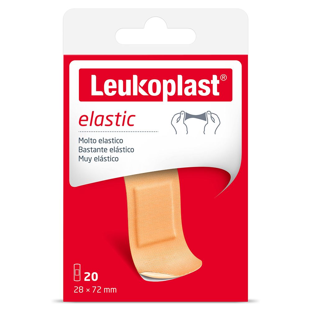 Verpackung mit Leukoplast elastic Pflastern. Rote Verpackung mit Produktabbildung und Text. 20 Pflaster, 28 x 72 mm.
