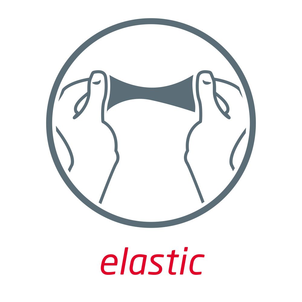 Grafische Darstellung: Hände ziehen ein Pflaster auseinander. Text: elastic.
