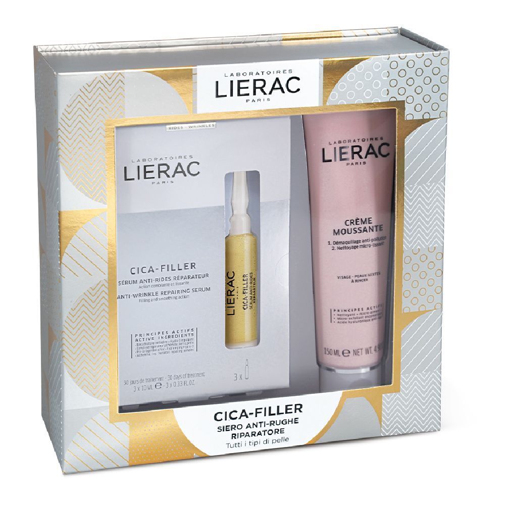 Coffret cadeau LIERAC Cica-Filler. Contient sérum, ampoule et crème dans une boîte argentée avec des détails dorés.