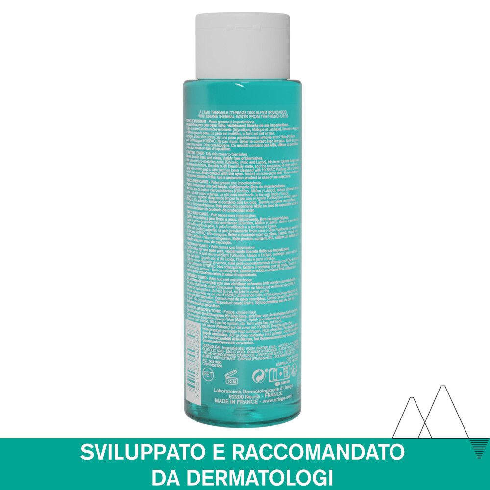 Retro del flacone Uriage Hyséac Tonico Purificante. Testo multilingue. Sfondo bianco.