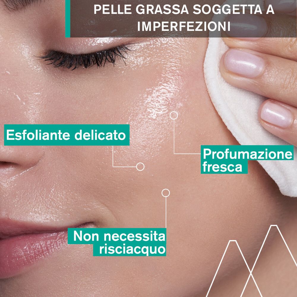 Viso con dischetto di cotone. Testo: Esfoliante delicato, profumo fresco, non necessita risciacquo. Pelle.
