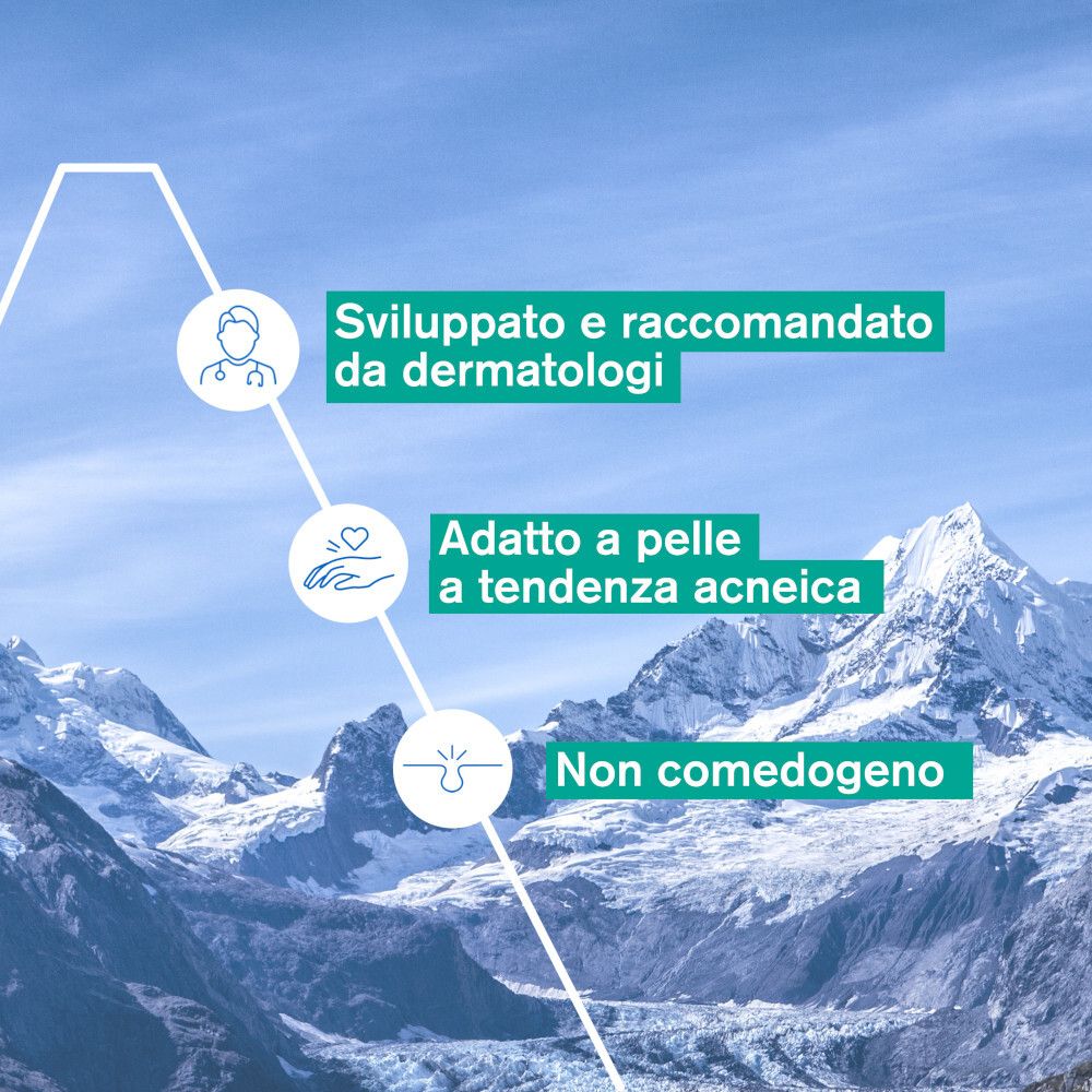 Grafico: Sviluppato da dermatologi, adatto a pelli a tendenza acneica, non comedogeno. Montagne.