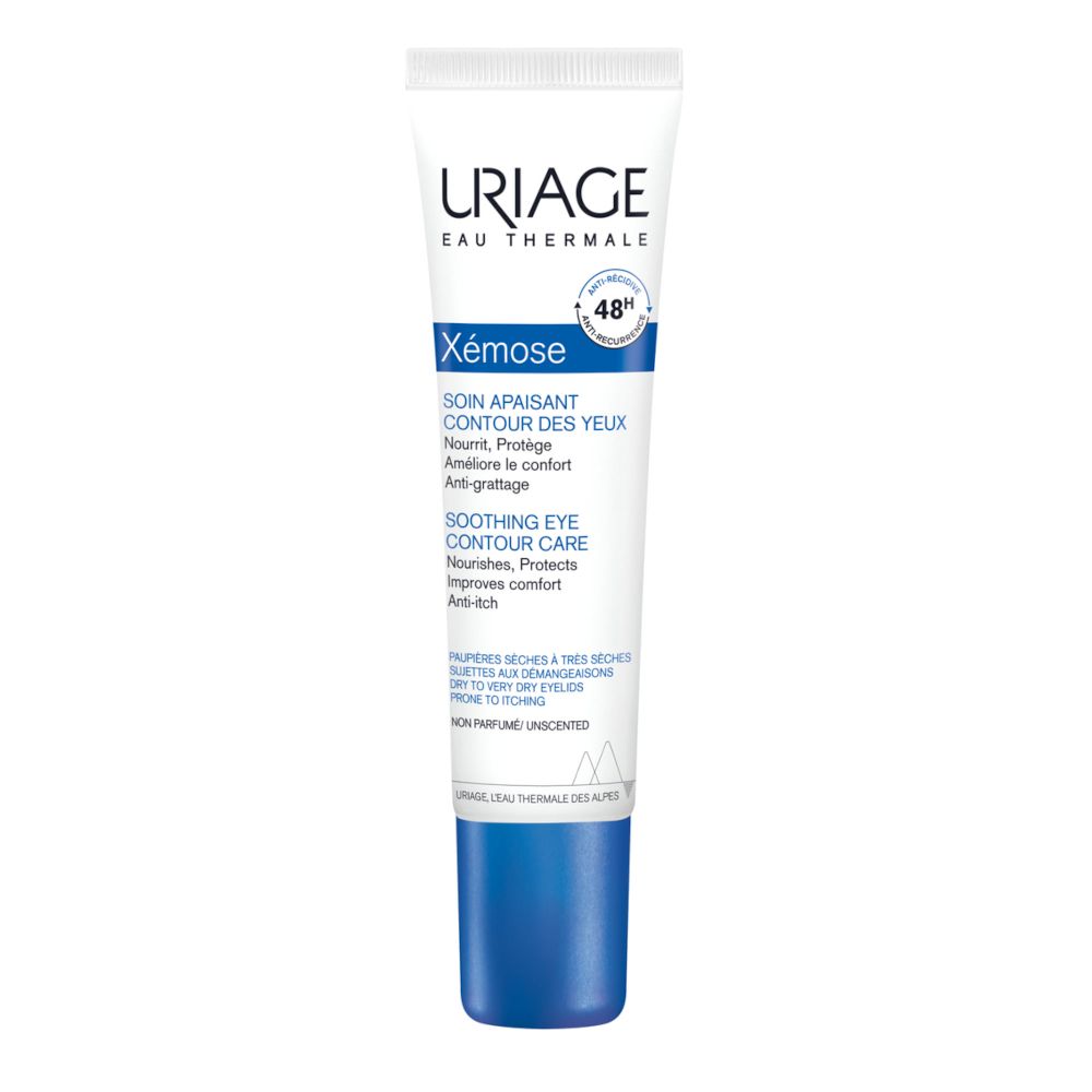 Tubo bianco con tappo blu. Testo: URIAGE, Xémose, contorno occhi. Idratazione 48h.
