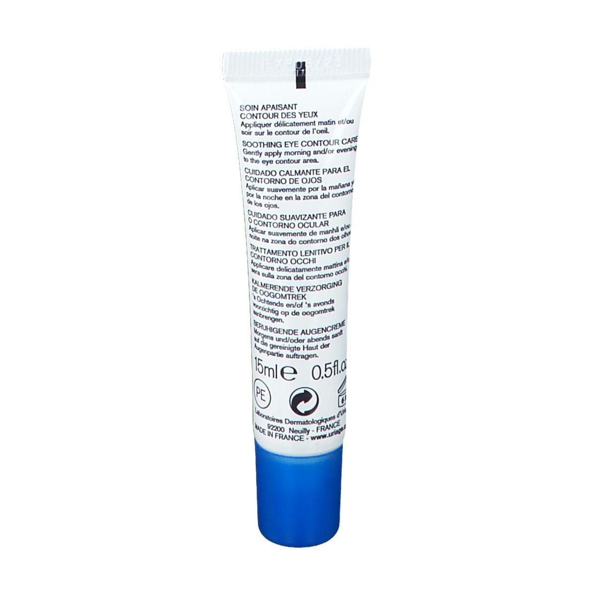 Retro del tubo. Testo multilingue. 15ml. Tappo blu. Dermatologicamente testato.