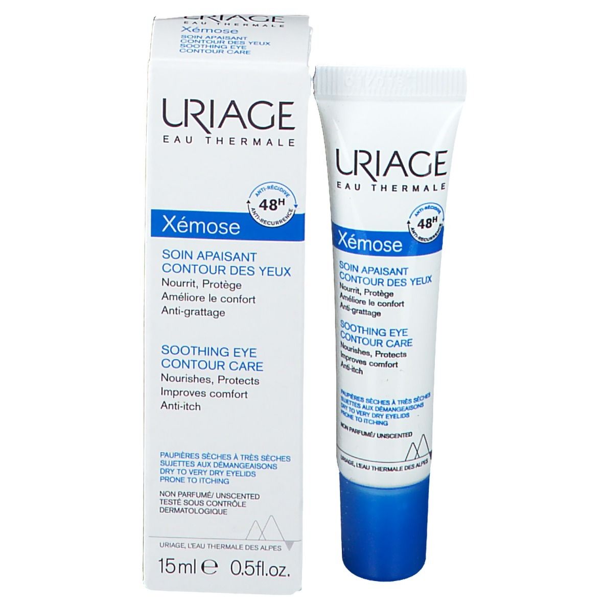 Prodotto e confezione. Testo: URIAGE, Xémose, contorno occhi. 15ml. Dermatologicamente testato.