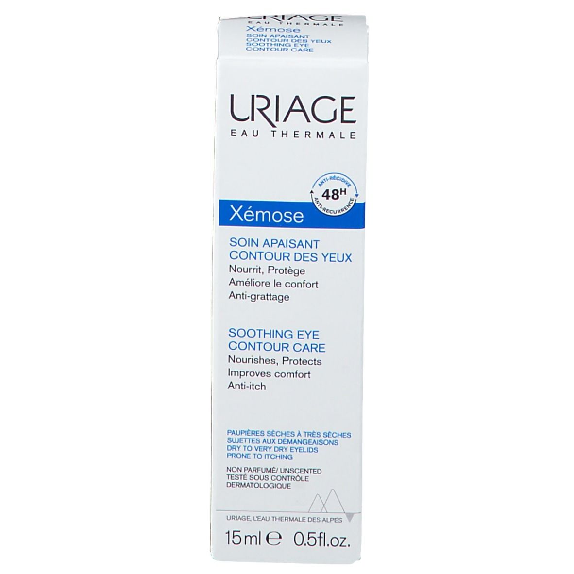Prodotto e confezione. Testo: URIAGE, Xémose, contorno occhi. 15ml. Dermatologicamente testato.