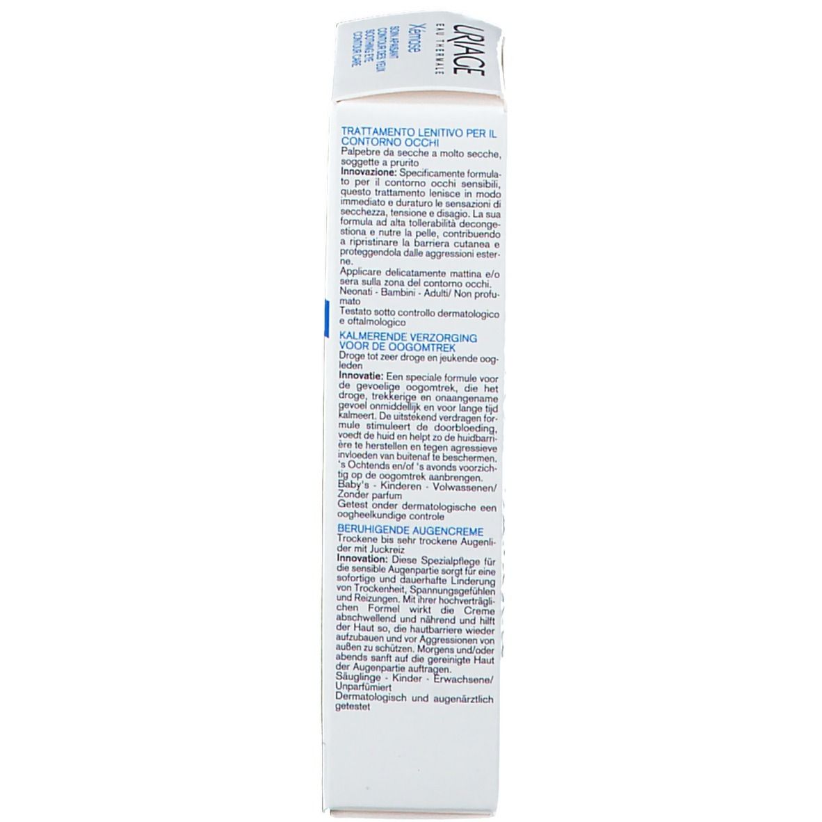 Confezione. Testo multilingue. Contorno occhi per palpebre secche. Dermatologicamente testato.