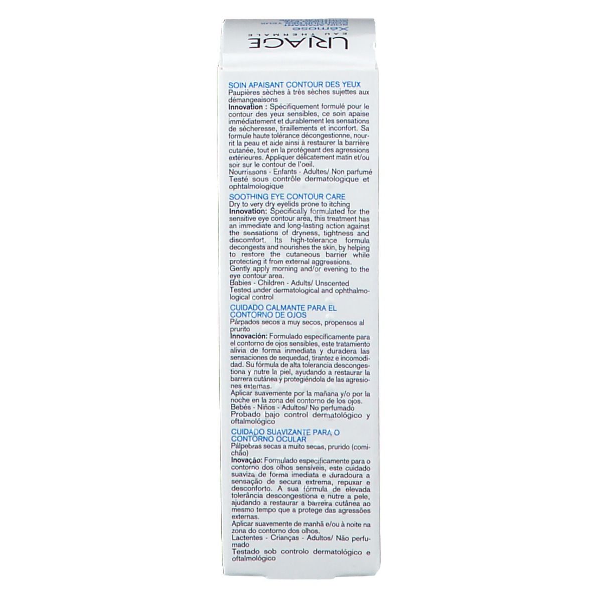 Confezione. Testo multilingue. Contorno occhi per palpebre secche. Dermatologicamente testato.