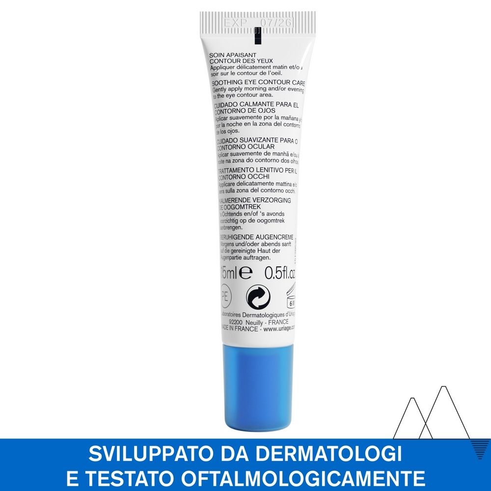 Retro del tubo. Testo multilingue. 15ml. Tappo blu. Dermatologicamente testato.