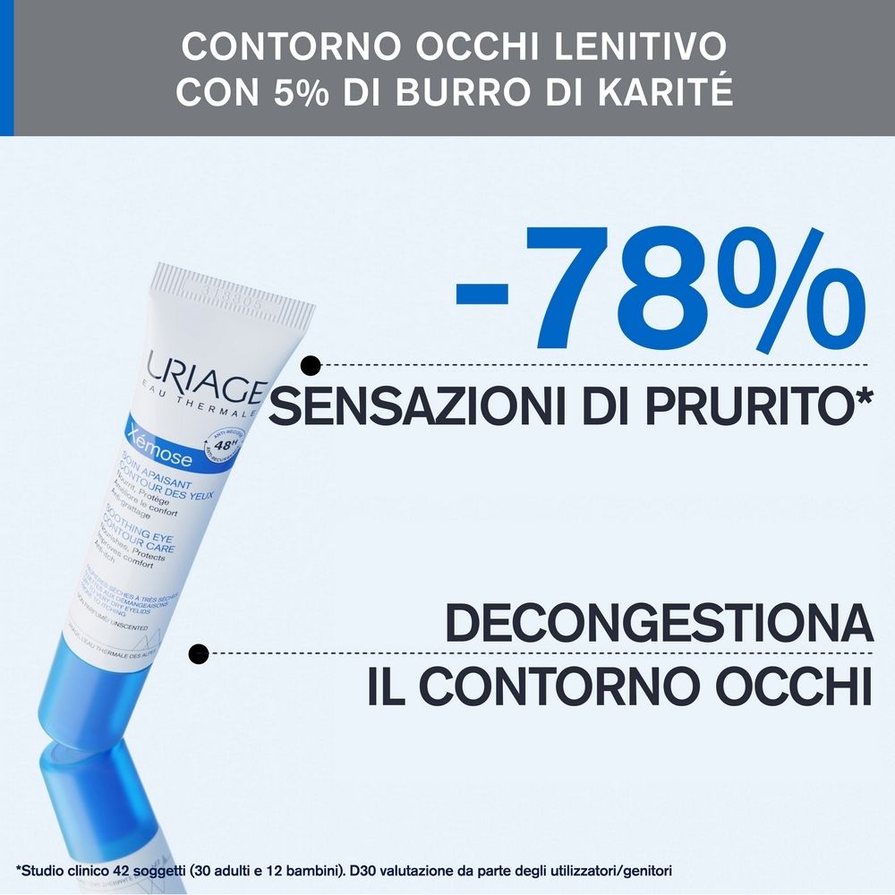 Immagine del prodotto con testo: -78% prurito. Decongestiona il contorno occhi. Con 5% burro di karité.