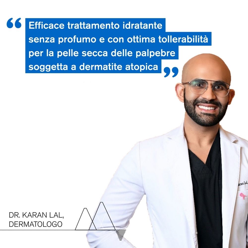 Medico con occhiali. Citazione: Efficace trattamento idratante senza profumo e ottima tollerabilità.