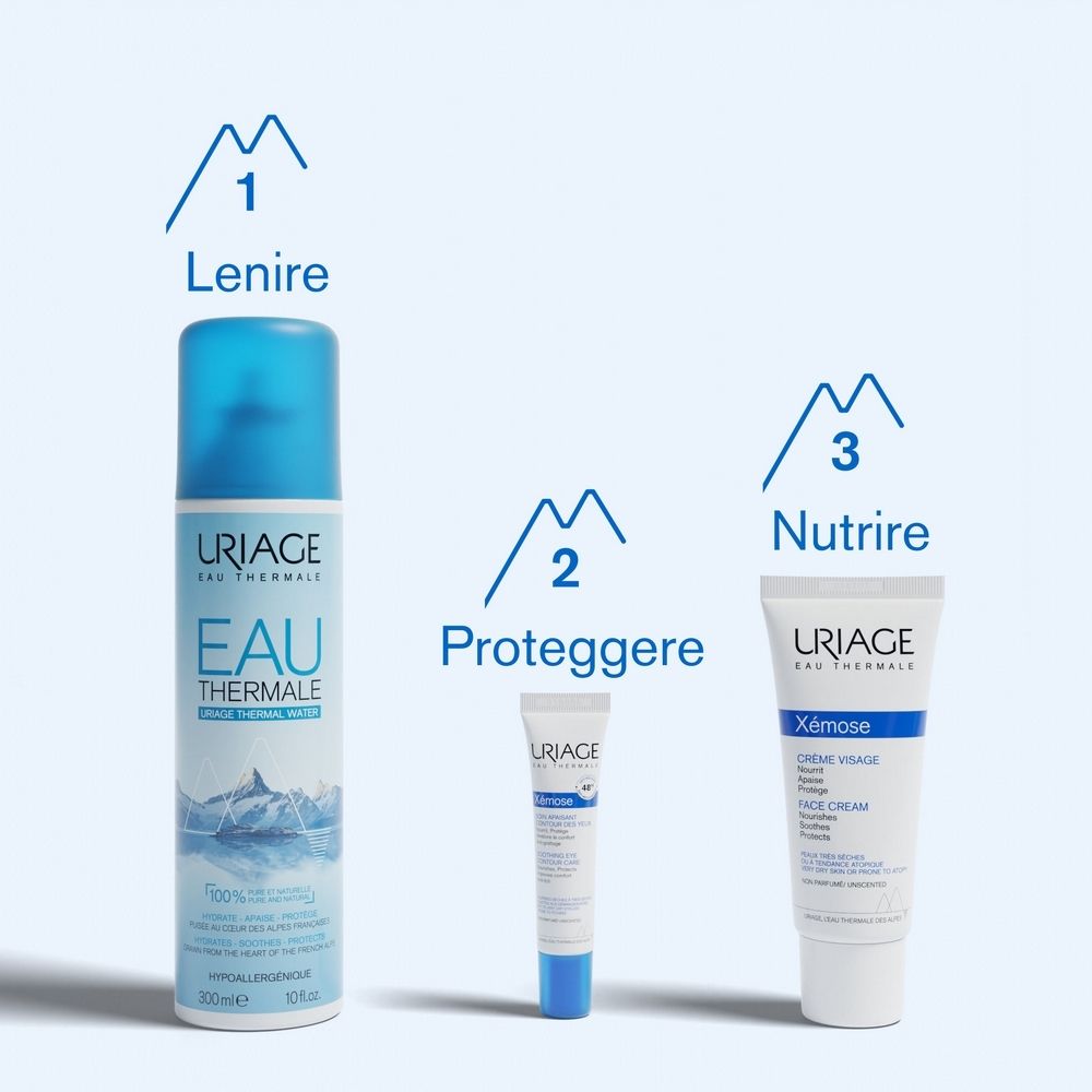 Tre prodotti: Eau Thermale, contorno occhi Xémose, crema viso Xémose. Per lenire, proteggere e nutrire.