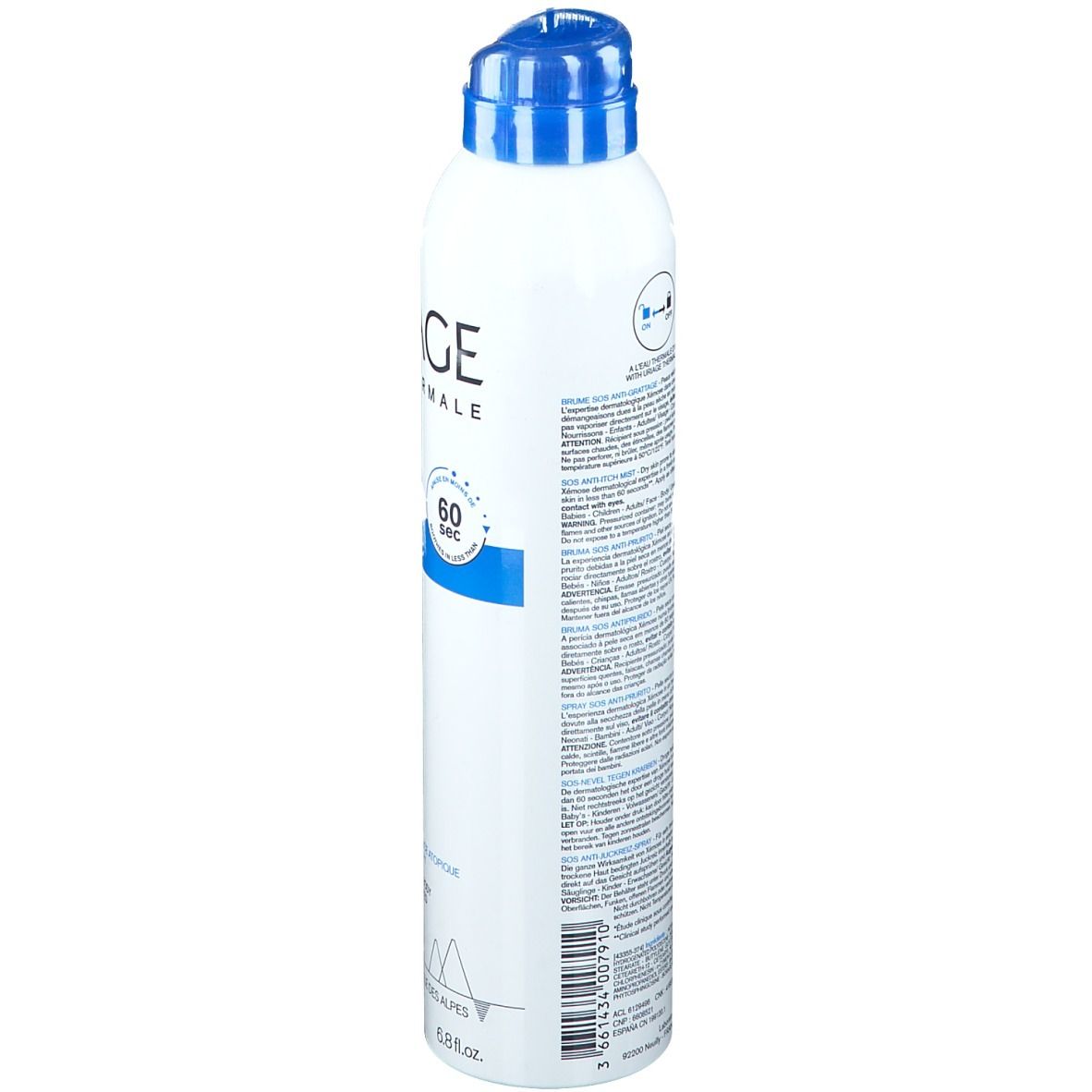 Weißes Spray mit blauem Sprühkopf. Aufschrift: URIAGE, Xémose, SOS Anti-Juckreiz Mist.