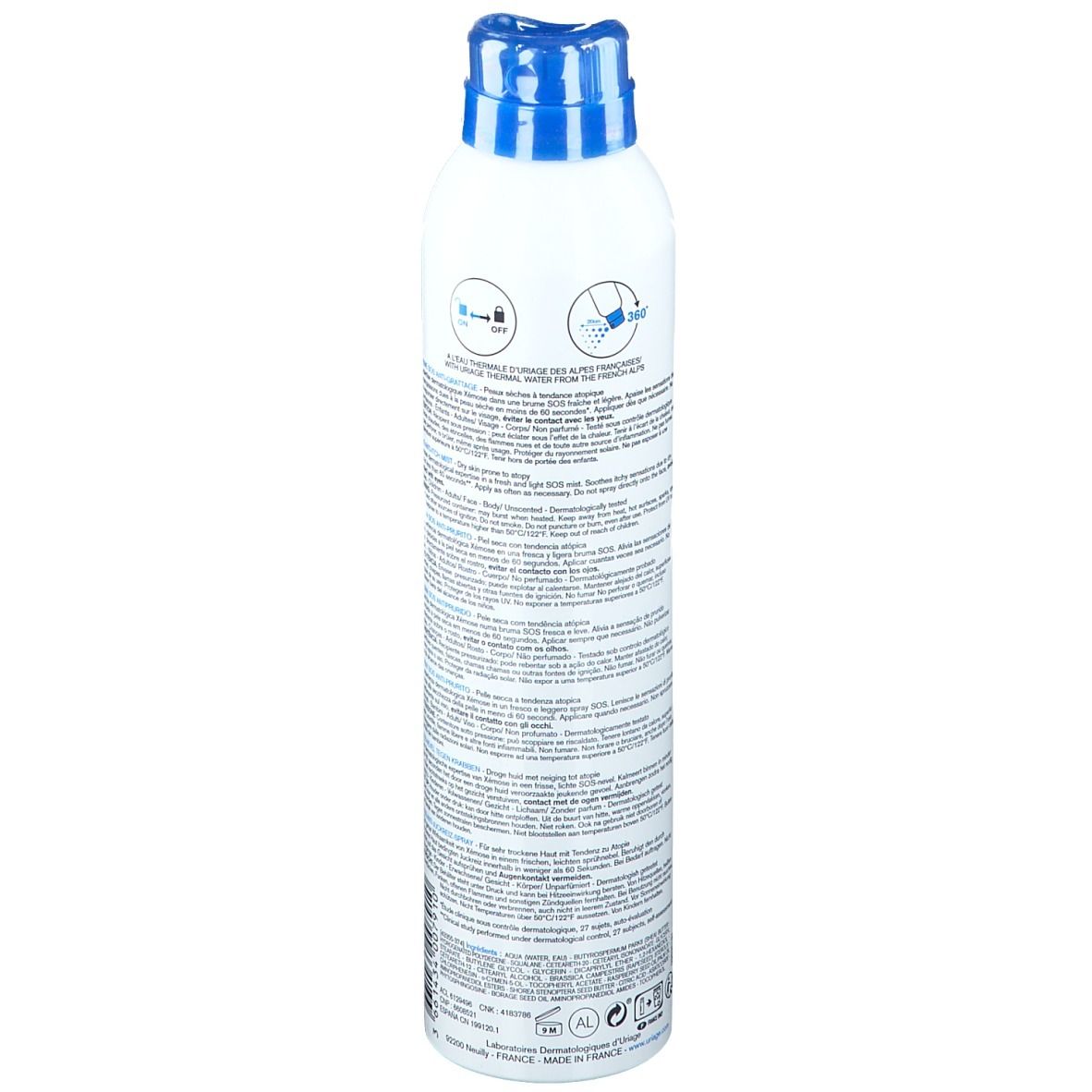 Weißes Spray mit blauem Sprühkopf. Aufschrift: URIAGE, Xémose, SOS Anti-Juckreiz Mist.
