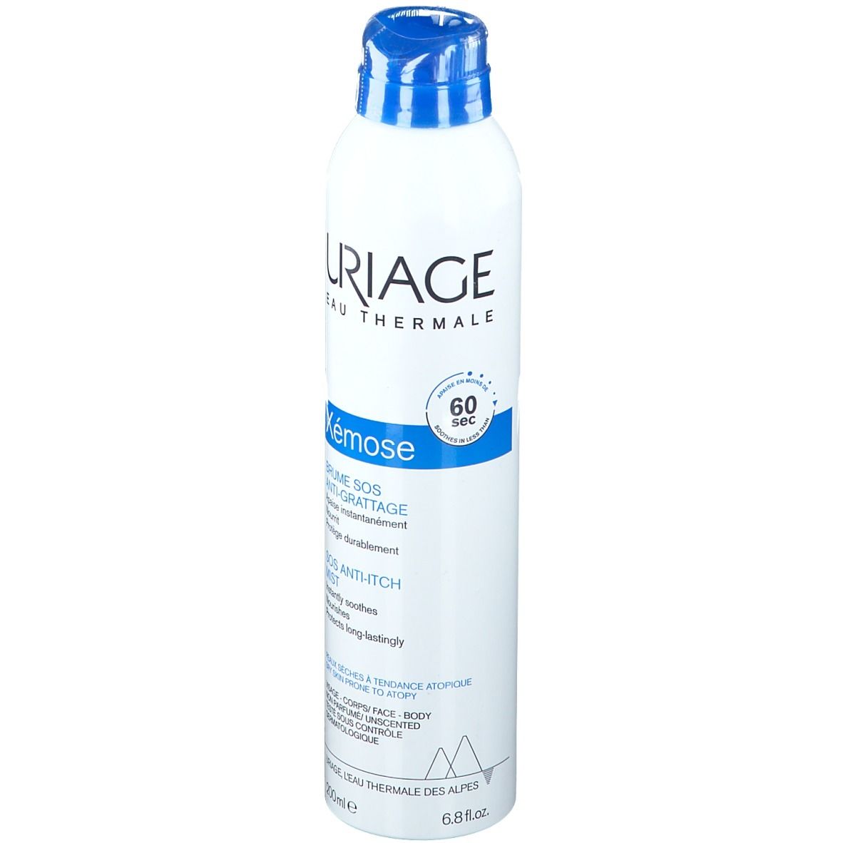 Weißes Spray mit blauem Sprühkopf. Aufschrift: URIAGE, Xémose, SOS Anti-Juckreiz Mist.