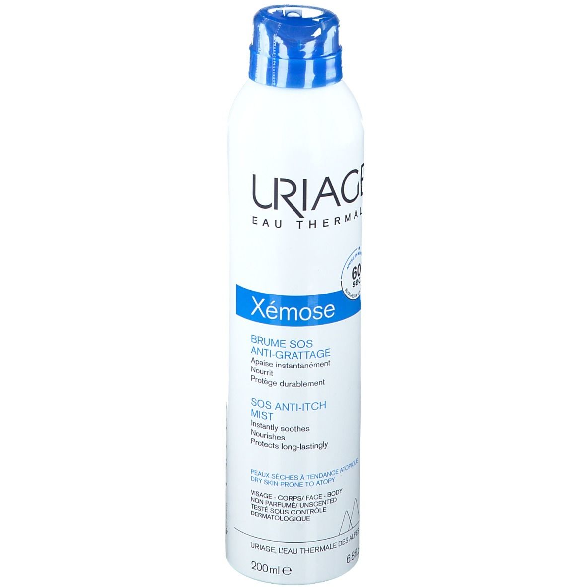 Weißes Spray mit blauem Sprühkopf. Aufschrift: URIAGE, Xémose, SOS Anti-Juckreiz Mist.