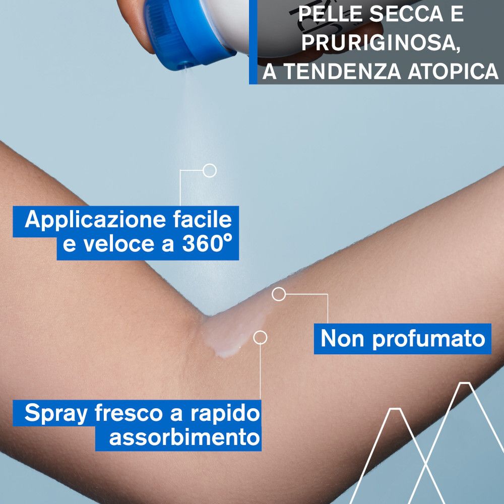 Arm mit Spray. Text: Schnelle Anwendung, nicht parfümiert, schnelle Absorption.