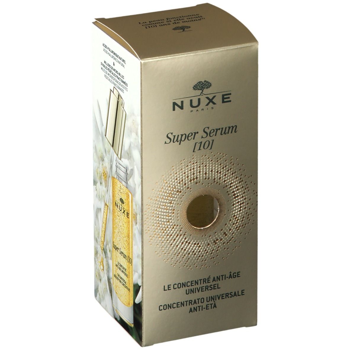 Confezione NUXE Super Serum [10]. Dorata, rettangolare.