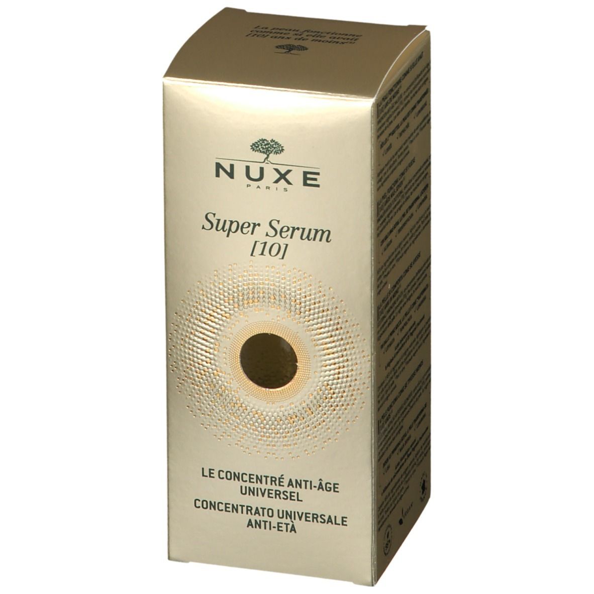 Confezione. Scritta: NUXE Super Serum [10]. Dorata.