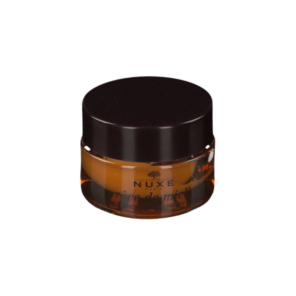 Vasetto rotondo con coperchio marrone. Balsamo color miele. Scritta: NUXE, rêve de miel.