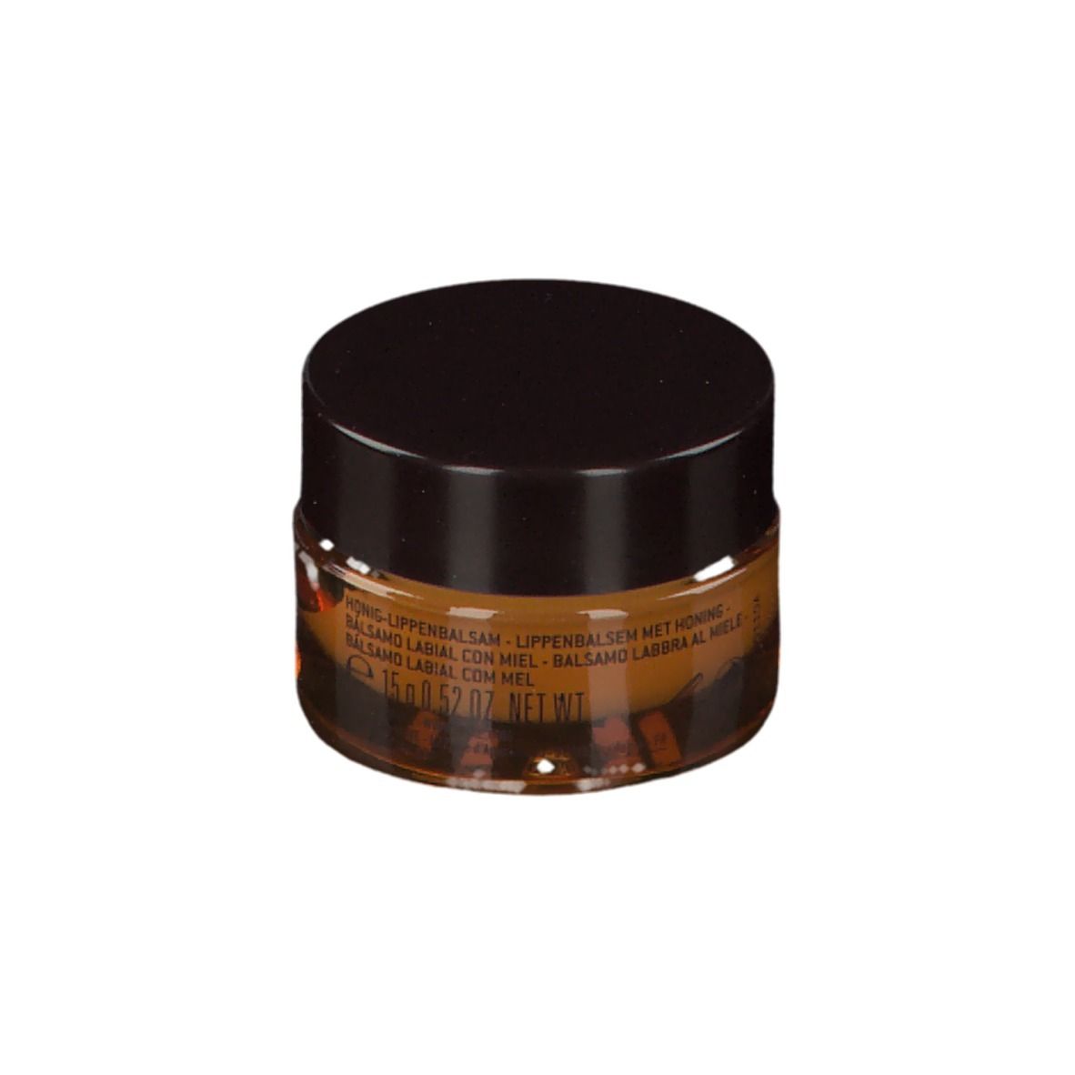 Vasetto rotondo con coperchio marrone. Scritta: Balsamo labbra al miele, 15g. Testo multilingue.