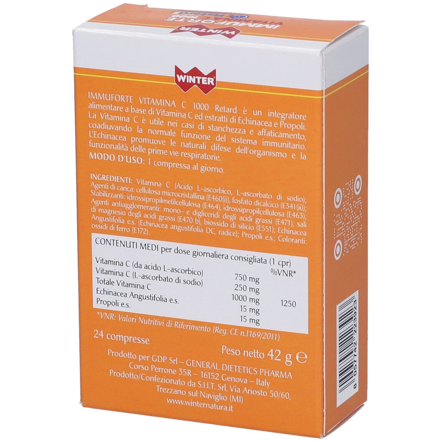 Winter Immunoforte Vitamina C 1000 Retard Kompressionen Verpackung, Rückseite.