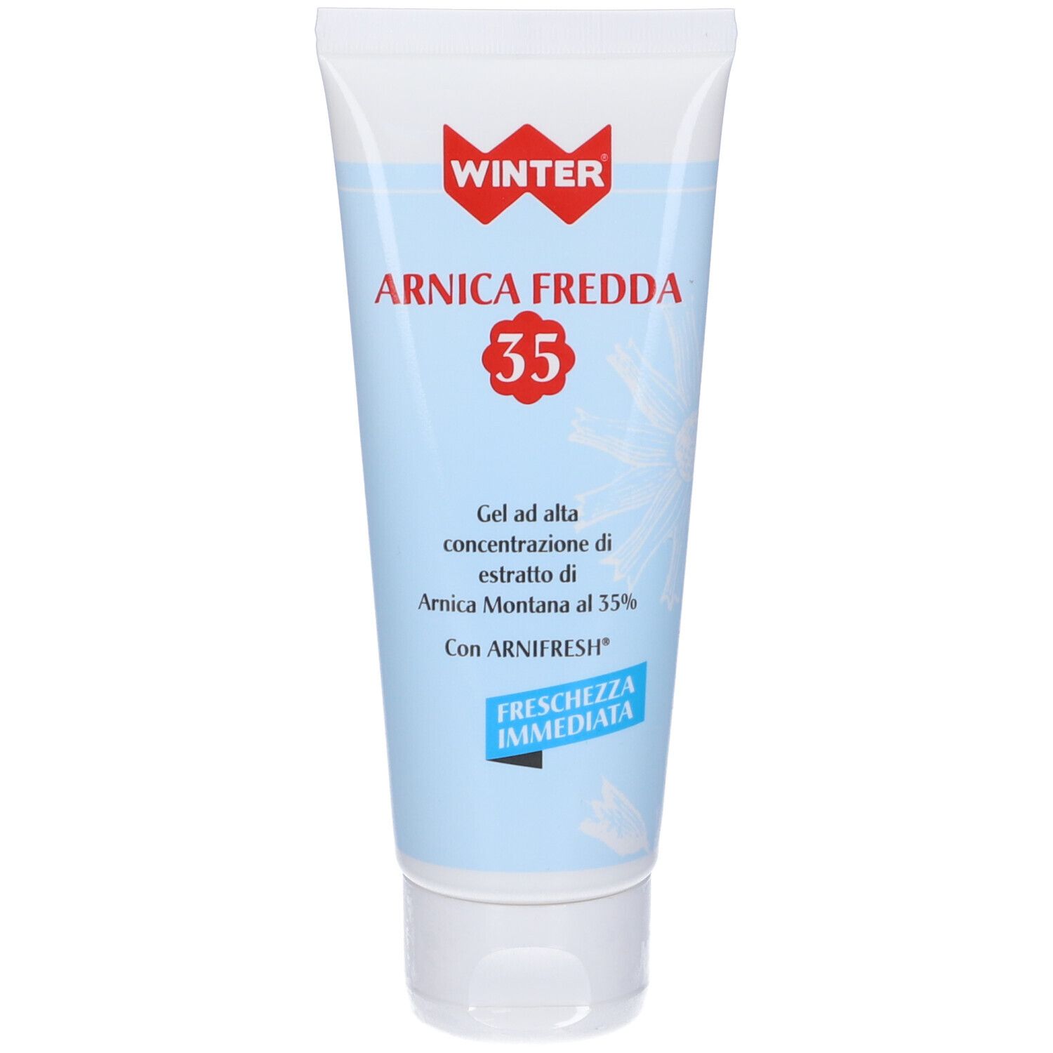 Tubo blu chiaro con tappo bianco. Scritta: WINTER, ARNICA FREDDA 35. Testo in italiano.