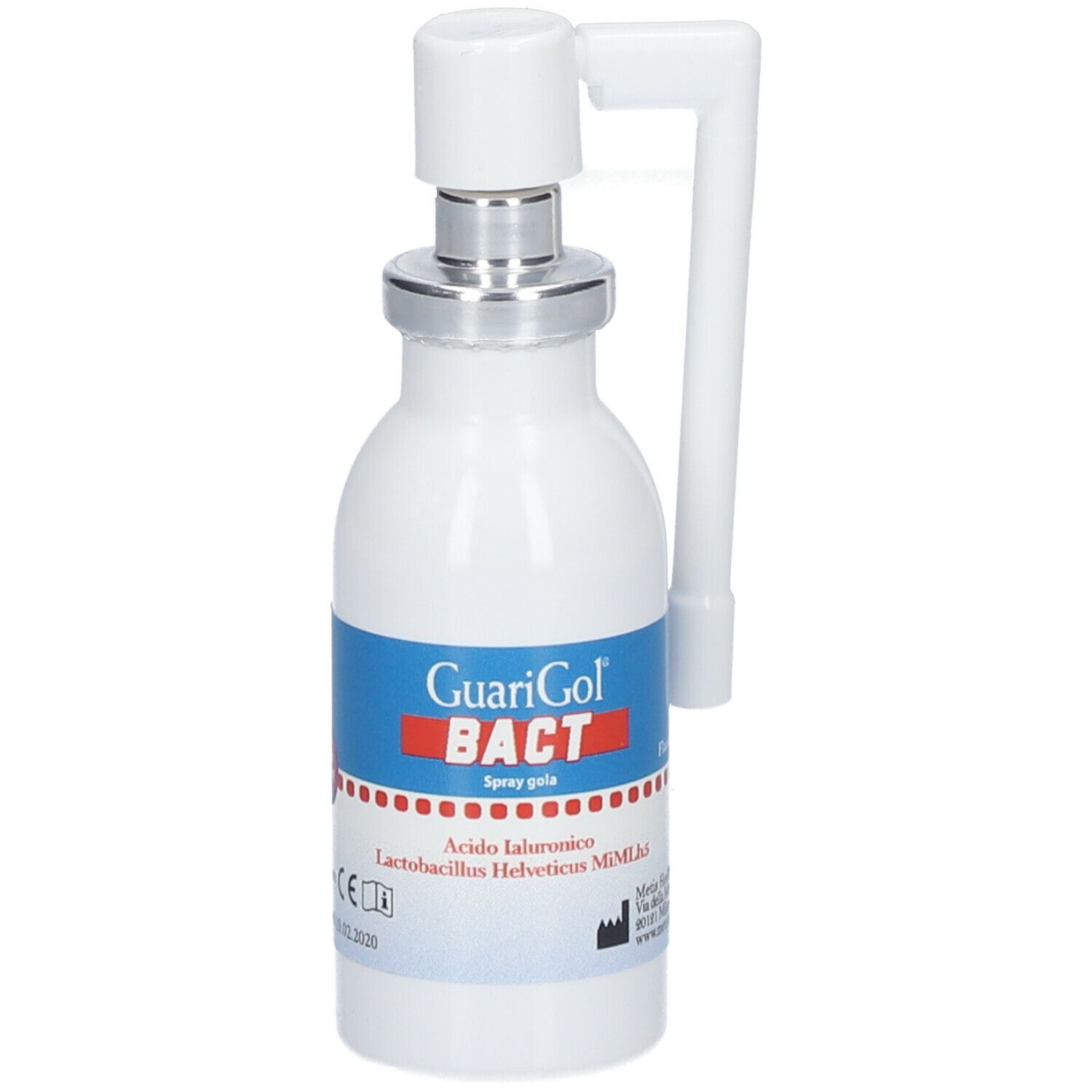 Flacone bianco con nebulizzatore. Scritta: GuariGol BACT, Spray gola. Etichette blu e rosse.