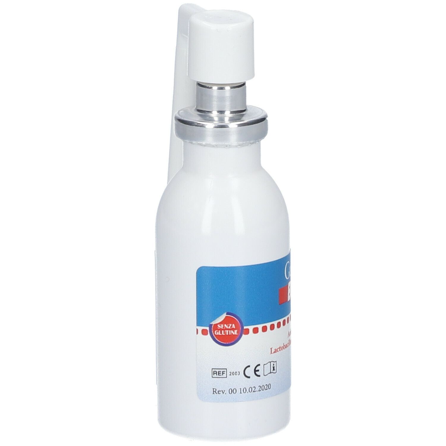 Flacone bianco con nebulizzatore. Scritta: GuariGol BACT, Spray gola. Etichetta con 'SENZA GLUTINE'.