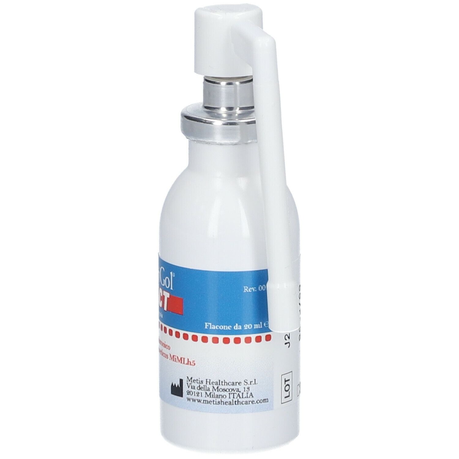 Flacone bianco con nebulizzatore. Scritta: GuariGol BACT, Spray gola. Etichetta con indirizzo del produttore.