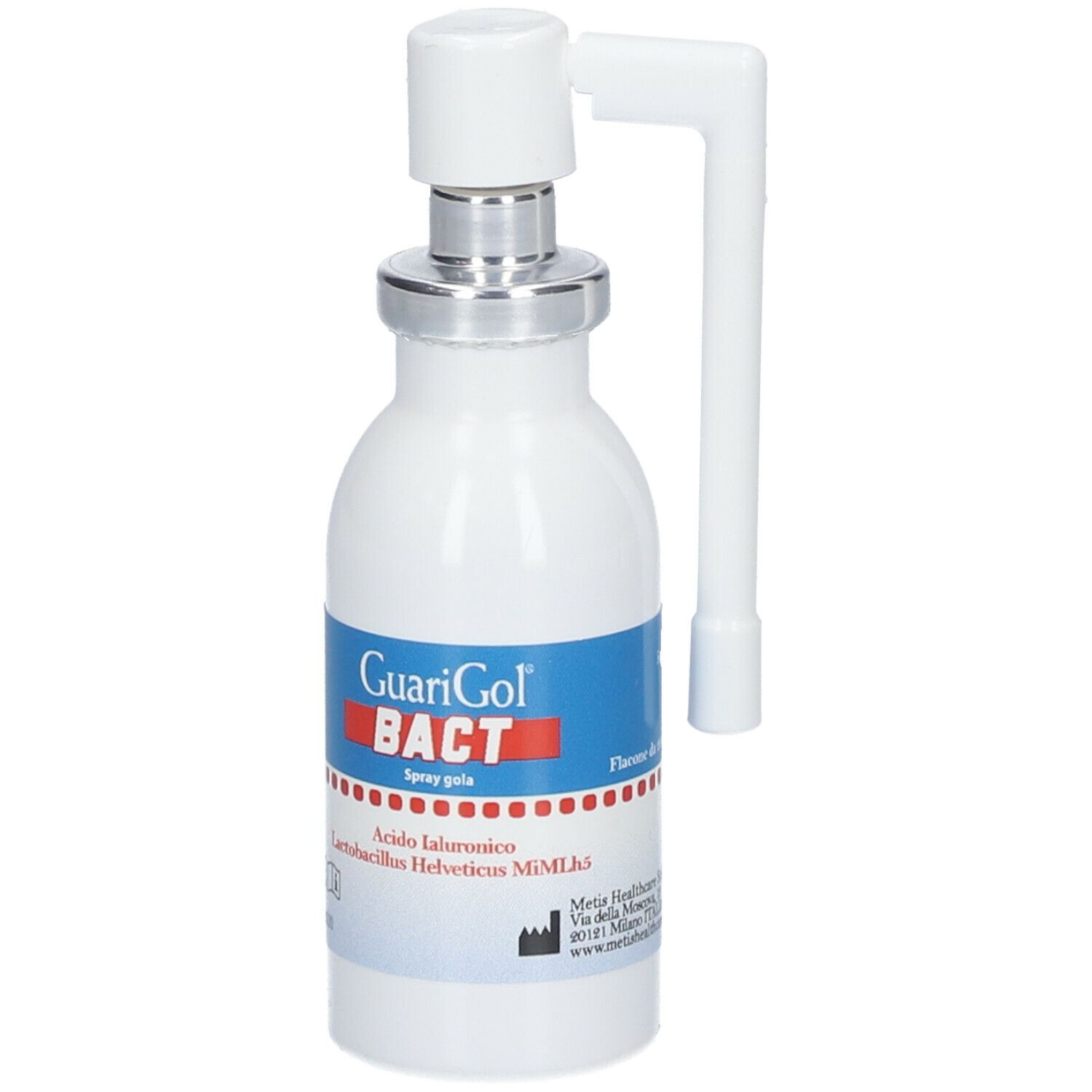 Flacone bianco con nebulizzatore. Scritta: GuariGol BACT, Spray gola. Etichetta con ingredienti.