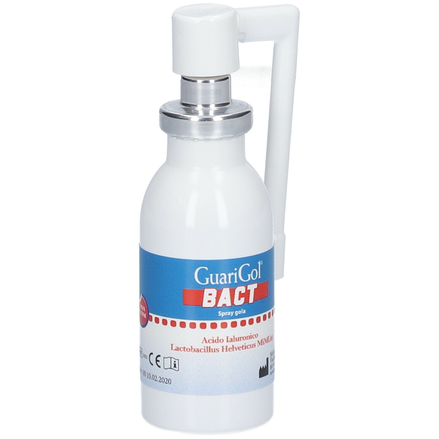 Flacone bianco con nebulizzatore. Scritta: GuariGol BACT, Spray gola. Etichetta con ingredienti e logo.