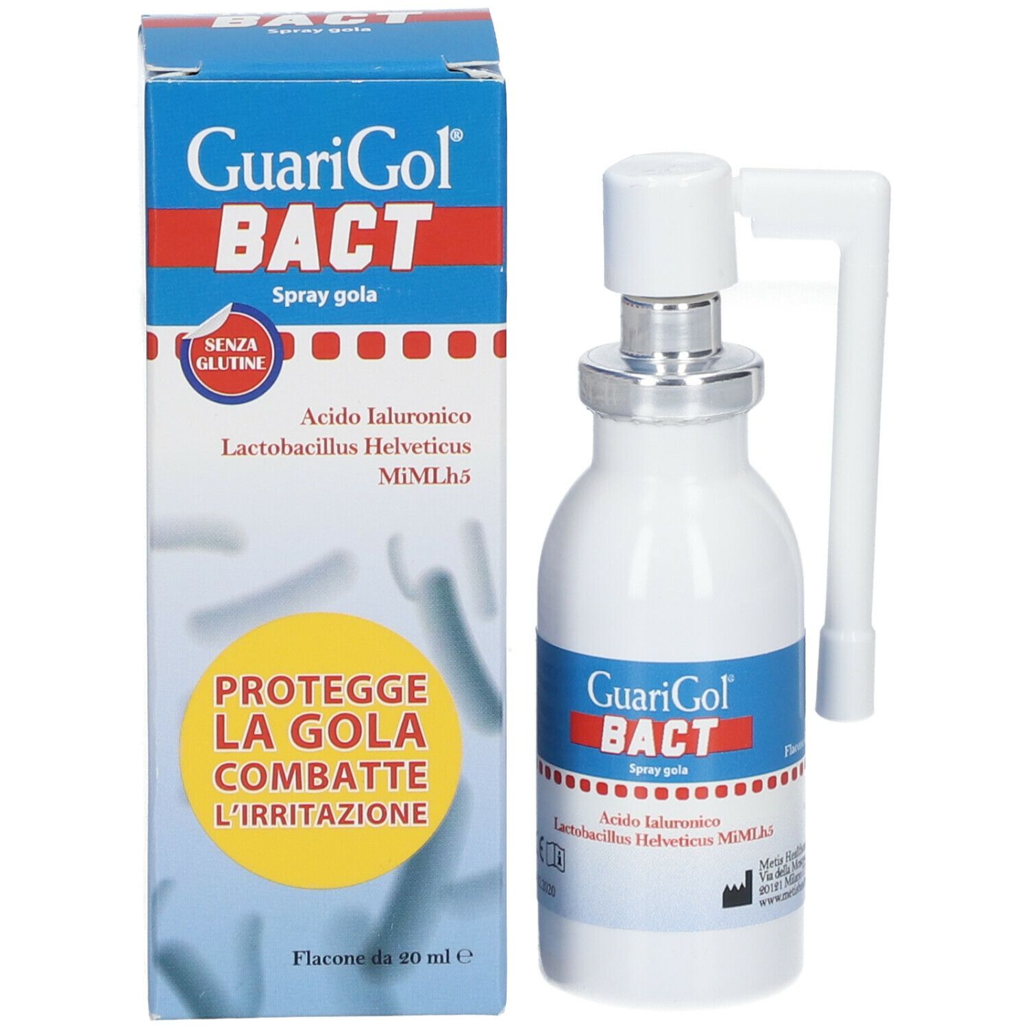 Confezione del prodotto con flacone e nebulizzatore. Scritta: GuariGol BACT, Spray gola. Testo: 'SENZA GLUTINE'.
