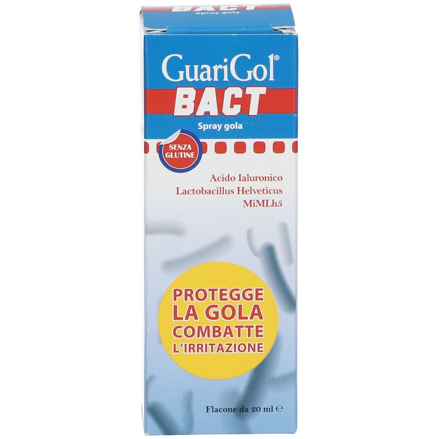 Confezione del prodotto. Scritta: GuariGol BACT, Spray gola. Testo: 'SENZA GLUTINE'. Illustrazione gialla.