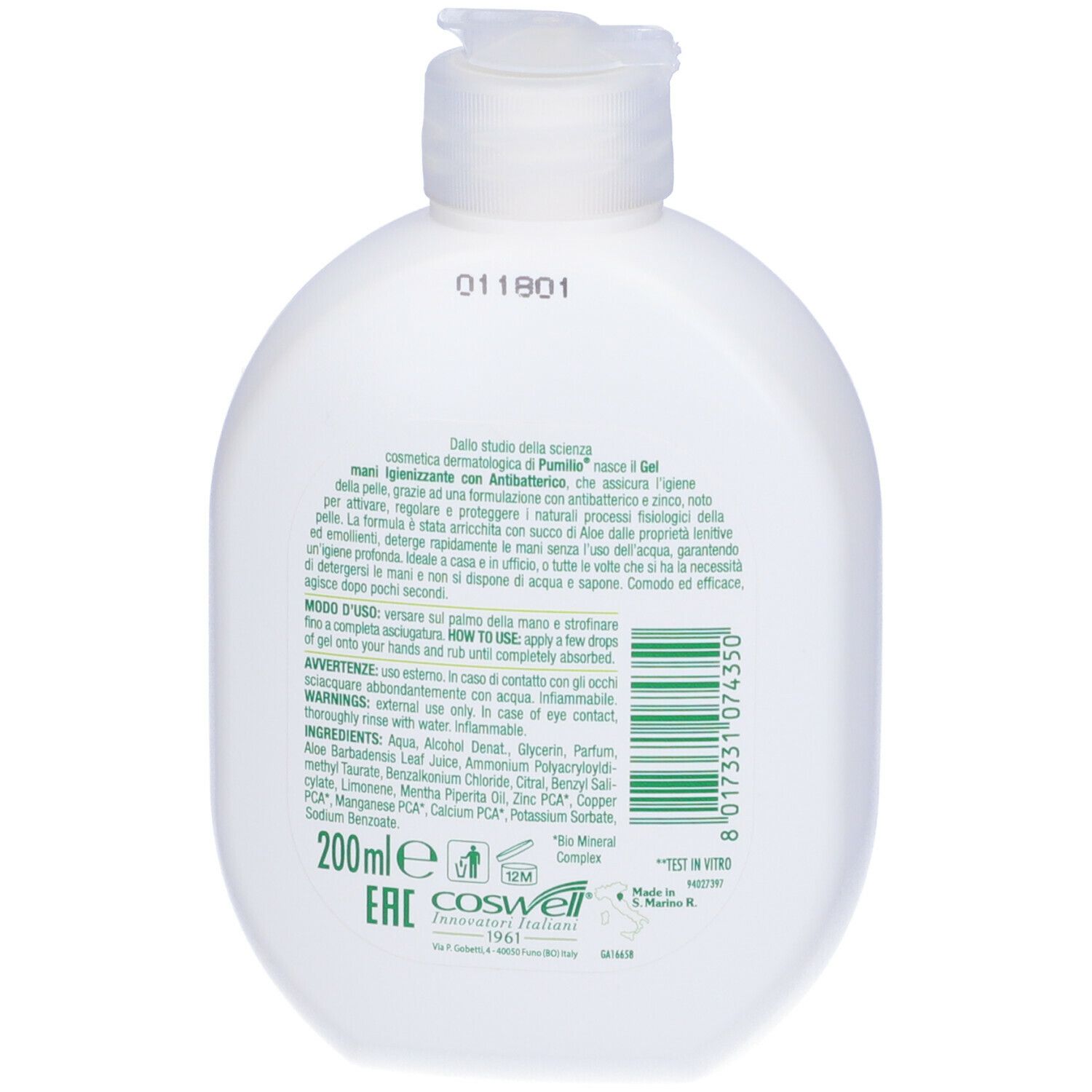 Retro del flacone bianco. Testo in italiano. Tappo a pompa. 200ml.
